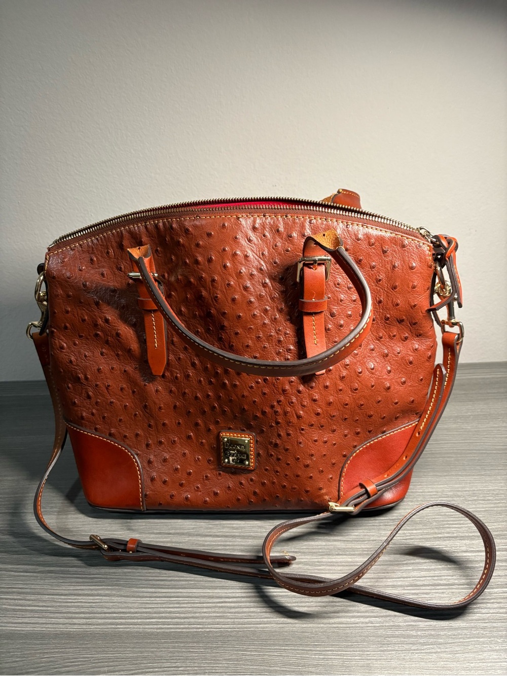 Dooney & Bourke Ostrich Embossed Leather Satchel Crossbody Brown